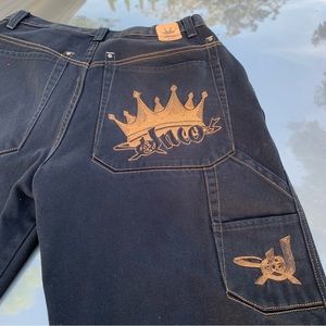 Vintage JNCO jet black embroidered carpenter jorts shorts size 36